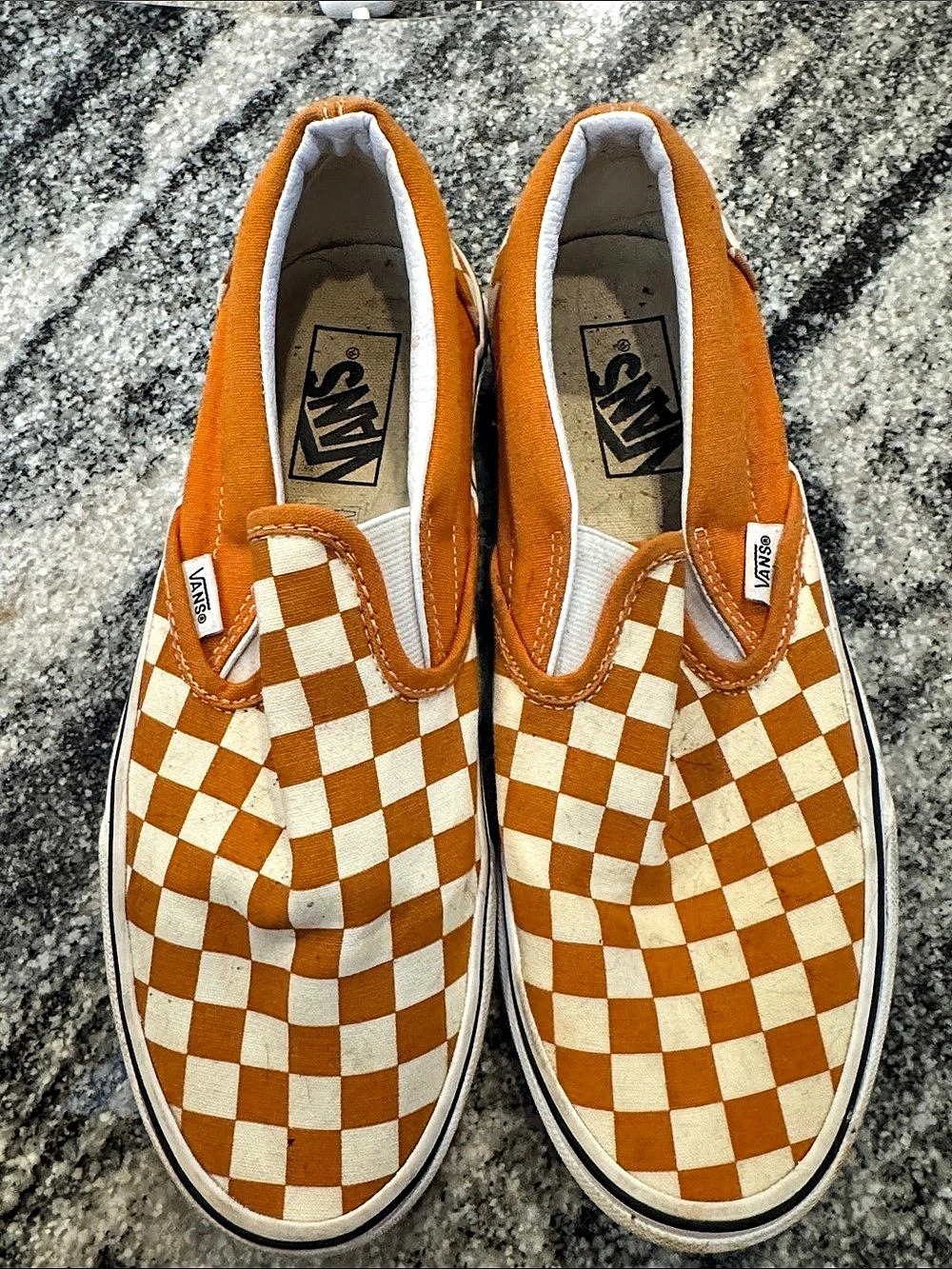 Vans Classic Slip-On Checkerboard Sneakers in Orange & White